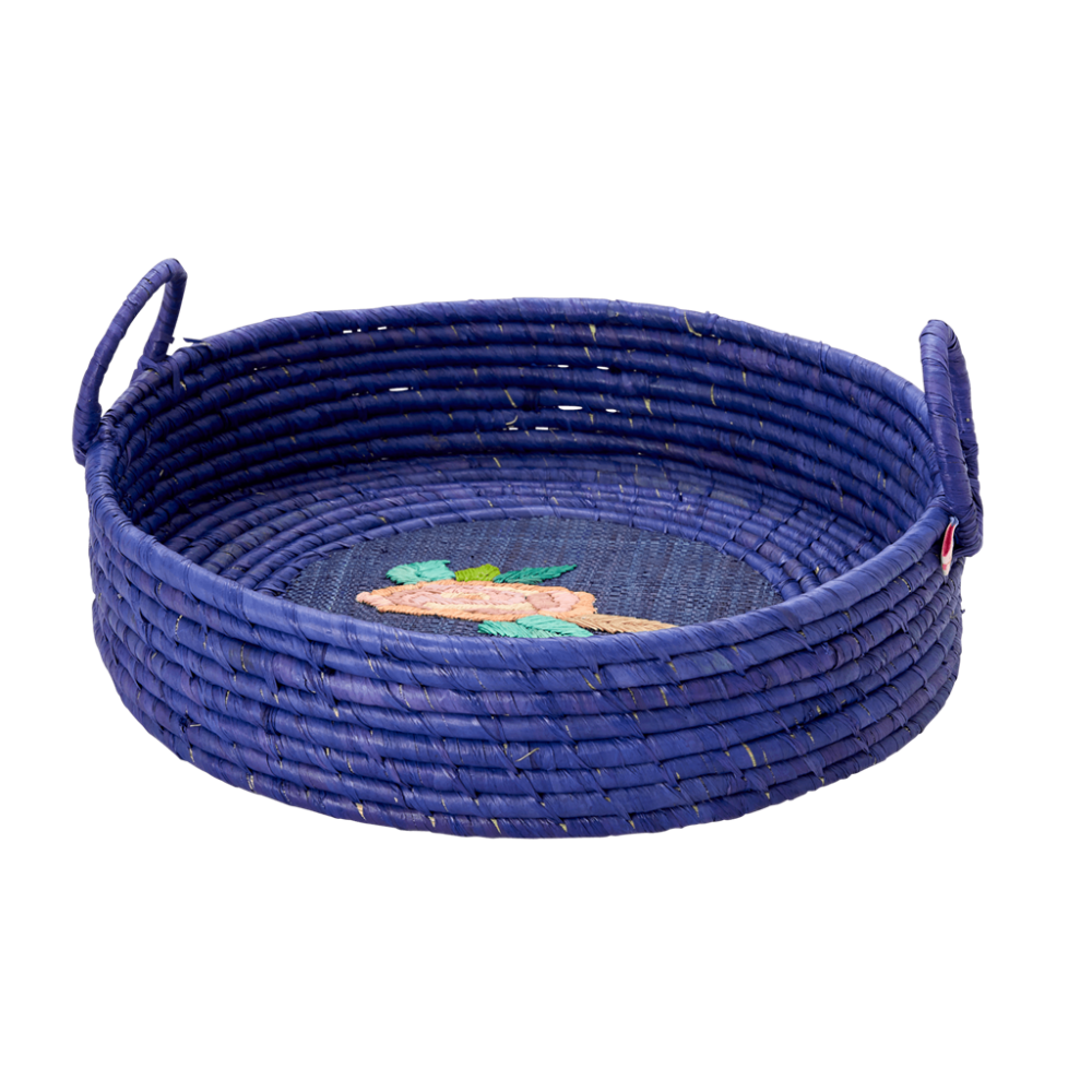 Round Raffia Basket In Blue With Embroidered Rose Rice DK